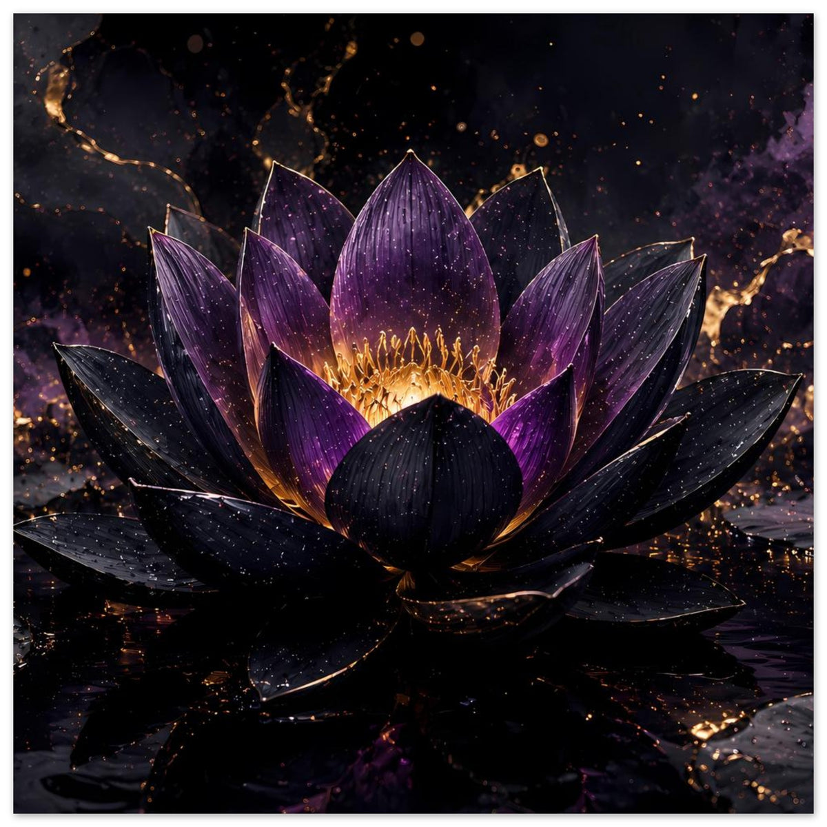Lotusblüten-Poster im Quadratformat, violett-goldene Blüte auf dunklem Motiv