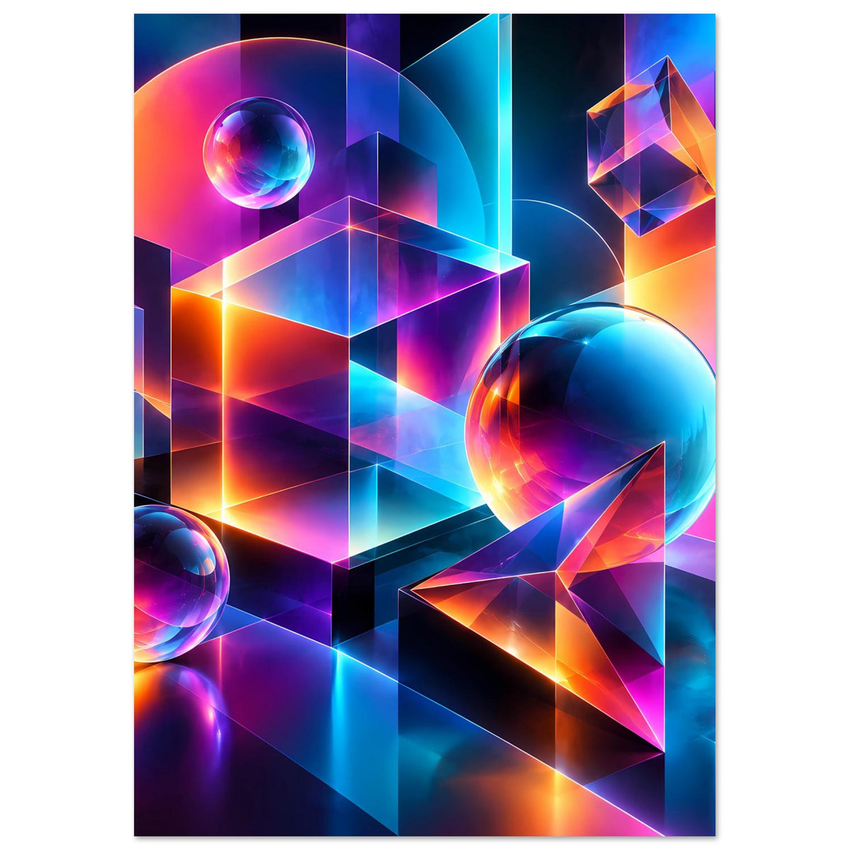 Neon-Geometrie-Poster im Hochformat: farbige 3D-Kuben, Glasball und diagonale Lichtkanten