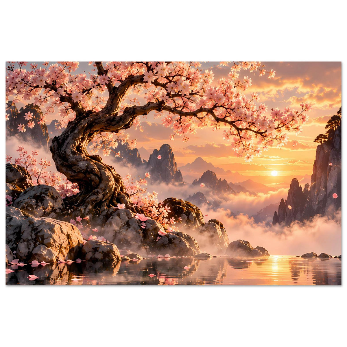Poster mit Kirschbaum, Felsen und See-Reflexionen bei warmem Sonnenuntergang