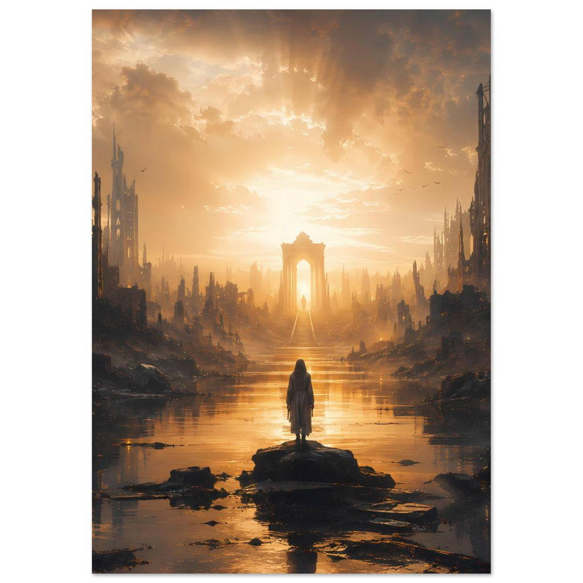 Poster im Hochformat: Ruinenstadt, Fluss und Figur mittig vor leuchtendem Tor im Sonnenlicht