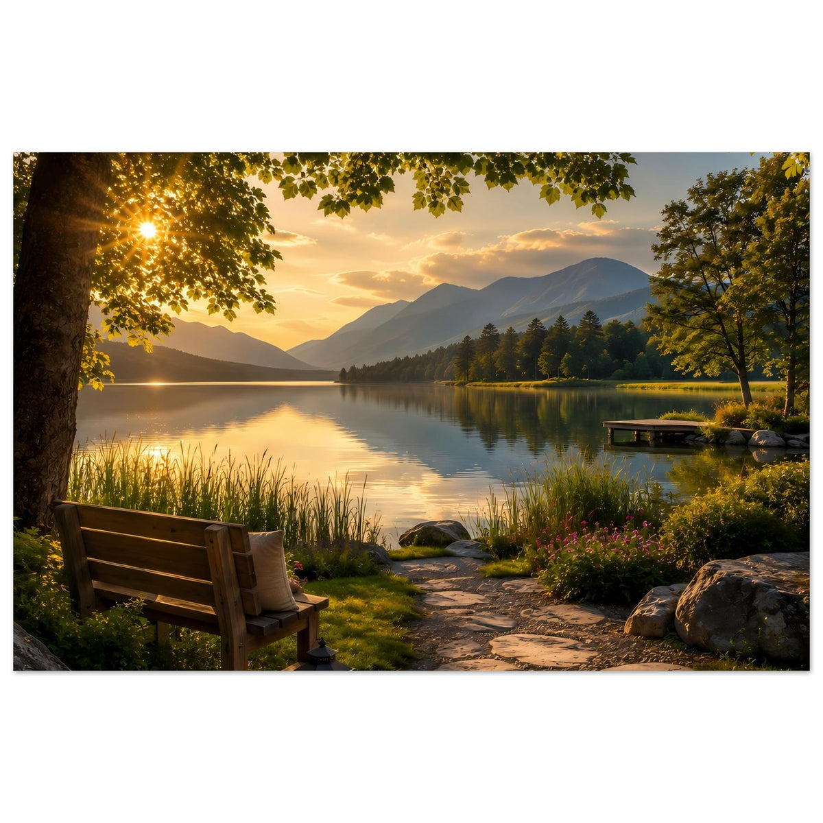 Horizontales Poster mit See bei Sonnenaufgang, Bank links, Steg rechts und Berge im Hintergrund