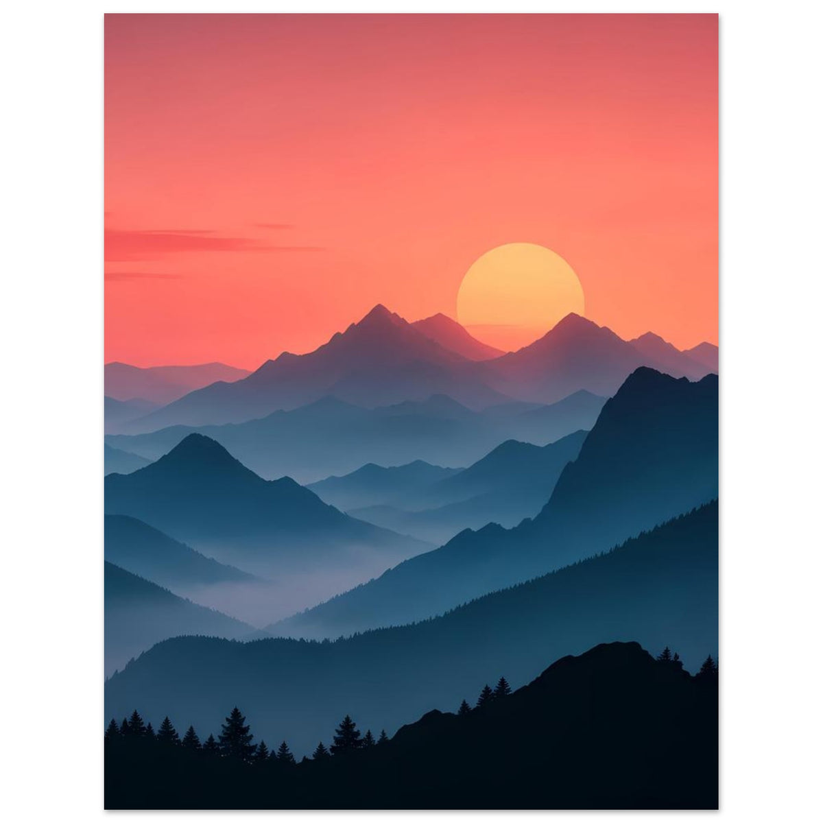 Landschaftsposter mit pastellfarbenem Himmel, gelber Sonne und tiefblauen Bergsilhouetten