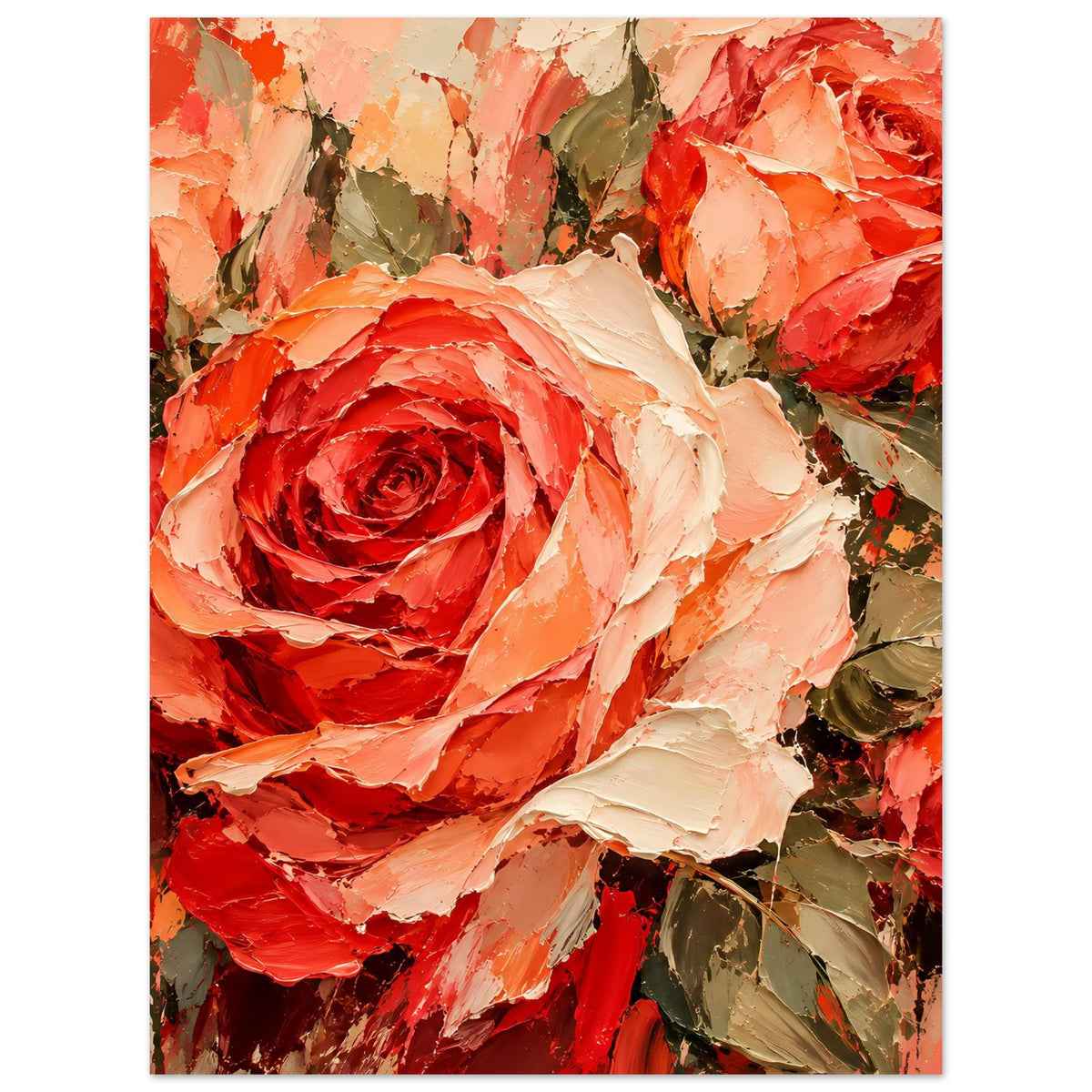 Blumenposter: Rosenbouquet mit strukturierter Optik in Rot/Orange und Beige, klar