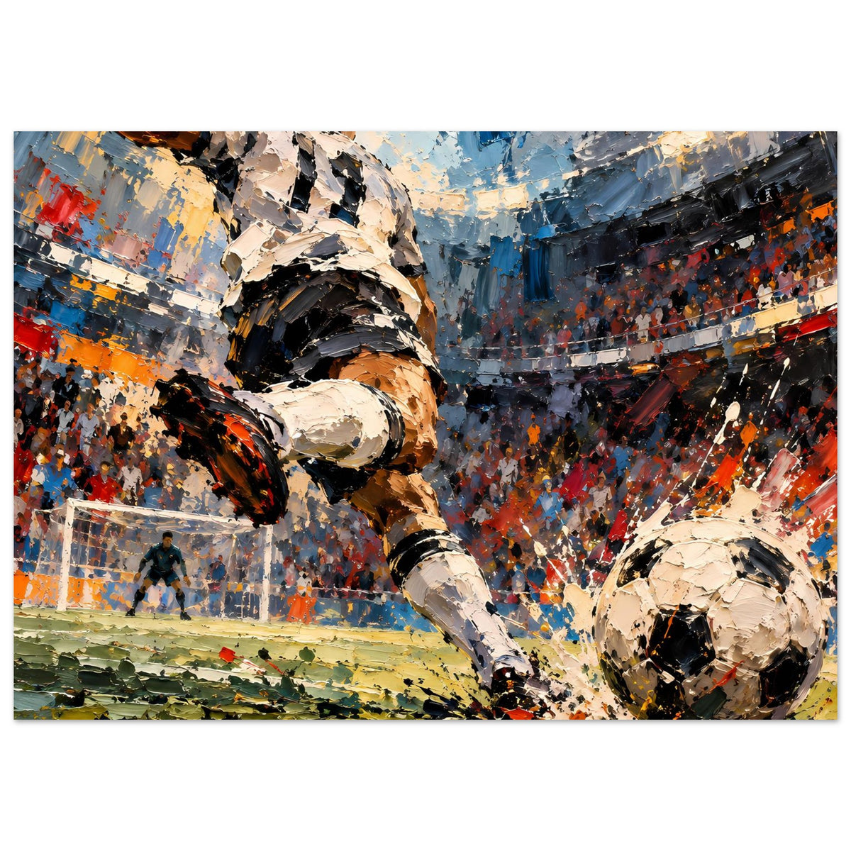Fußball-Actionposter im Querformat: Spielszene mit Schützen, Tor und Fans
