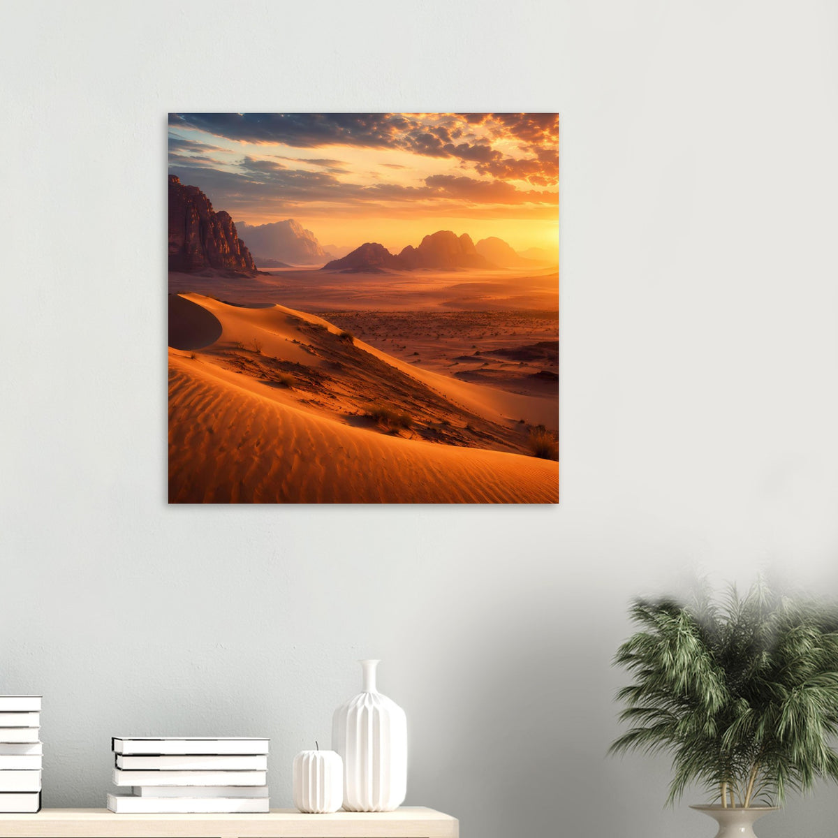 Quadratisches Wandposter mit Wüstenlandschaft bei Sonnenuntergang