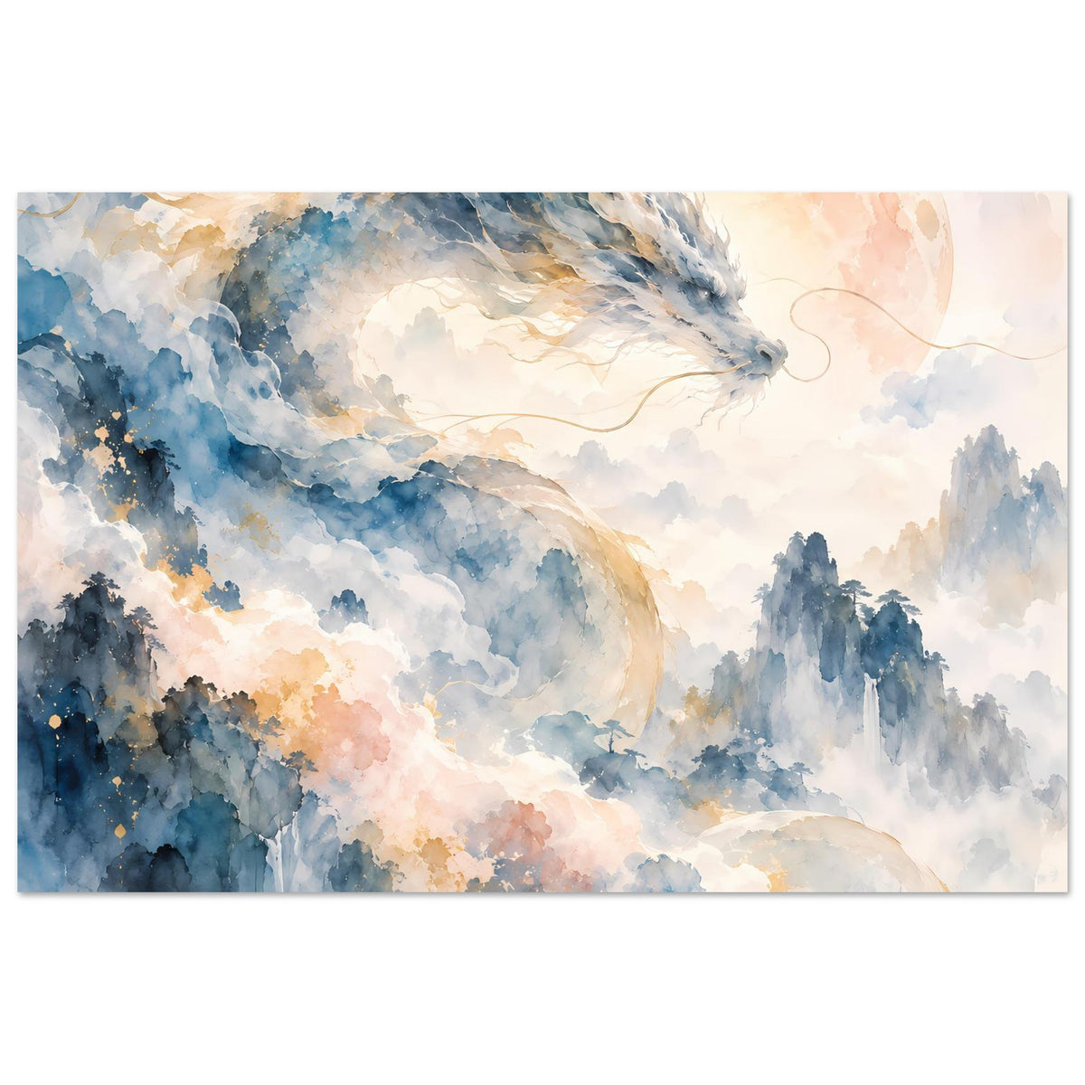 Aquarellposter im Querformat mit Drachenkopf, Nebelbergen und zarter Sonnenrundung