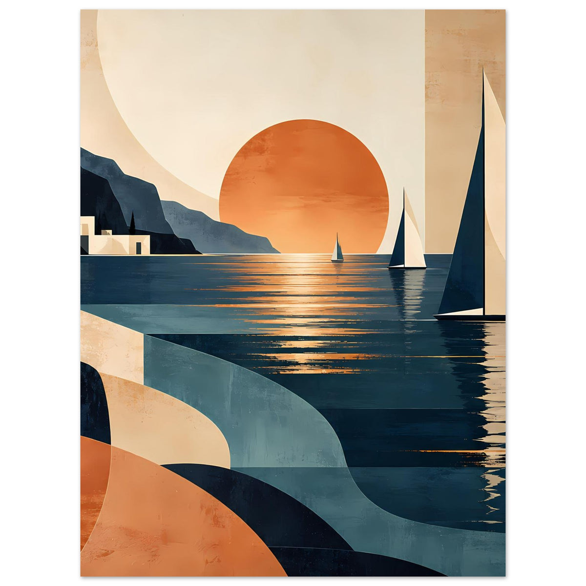 Poster (Hochformat): Meerlandschaft mit Segelbooten, großer Sonne und ruhiger Spiegelung
