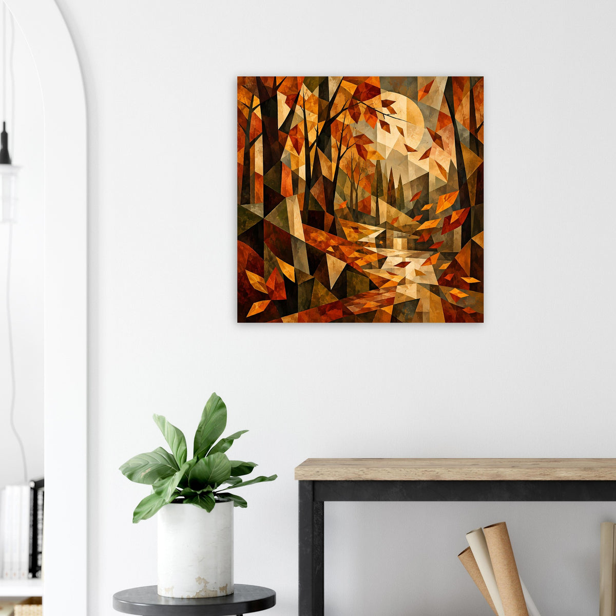 Quadratisches Poster mit kubistischer Herbstlandschaft aus geometrischen Dreiecken, warmes Braun-Orange.
