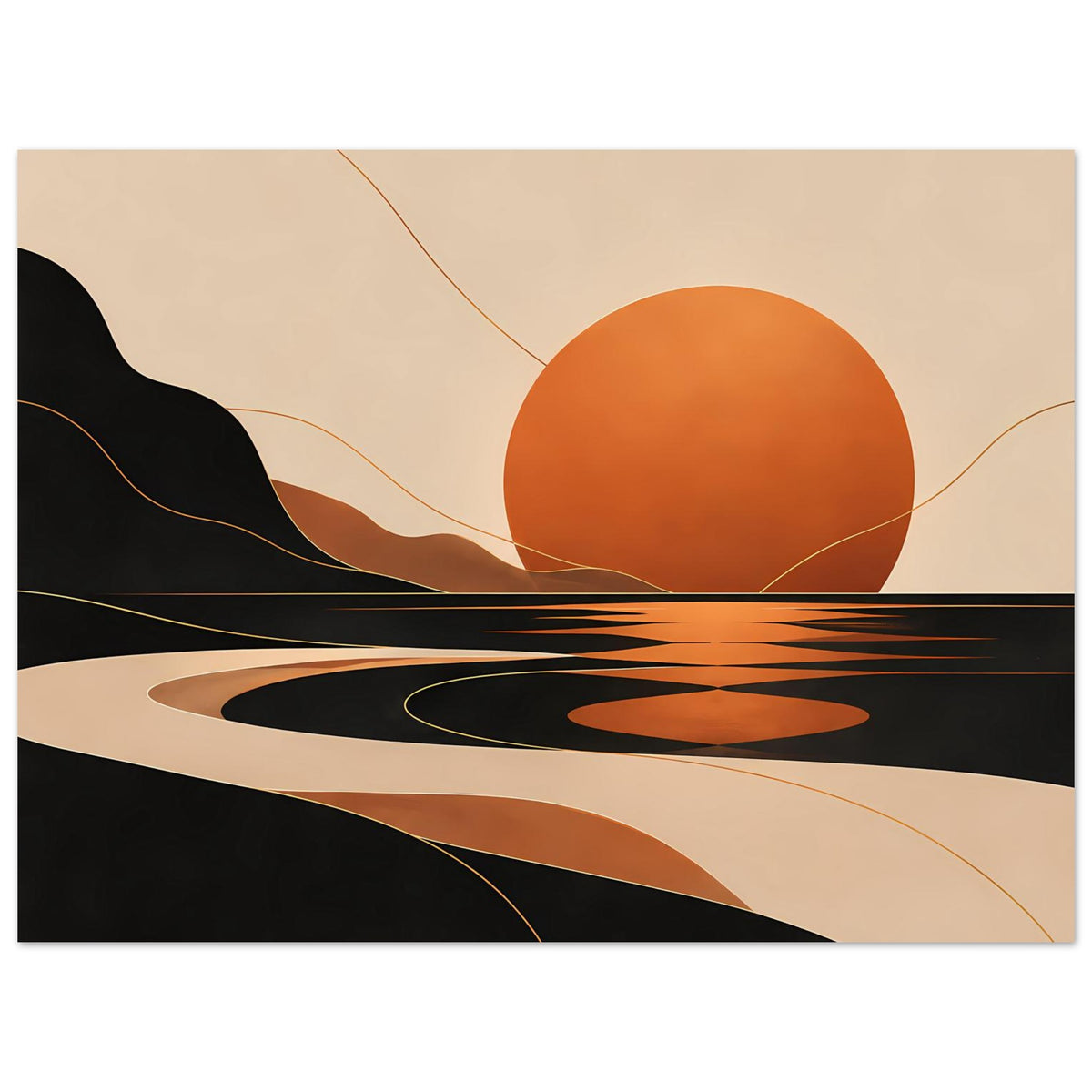 Kunstposter im Querformat: orangefarbene Kugel, schwarze Uferlinien und warme Wellenverläufe im Sandton