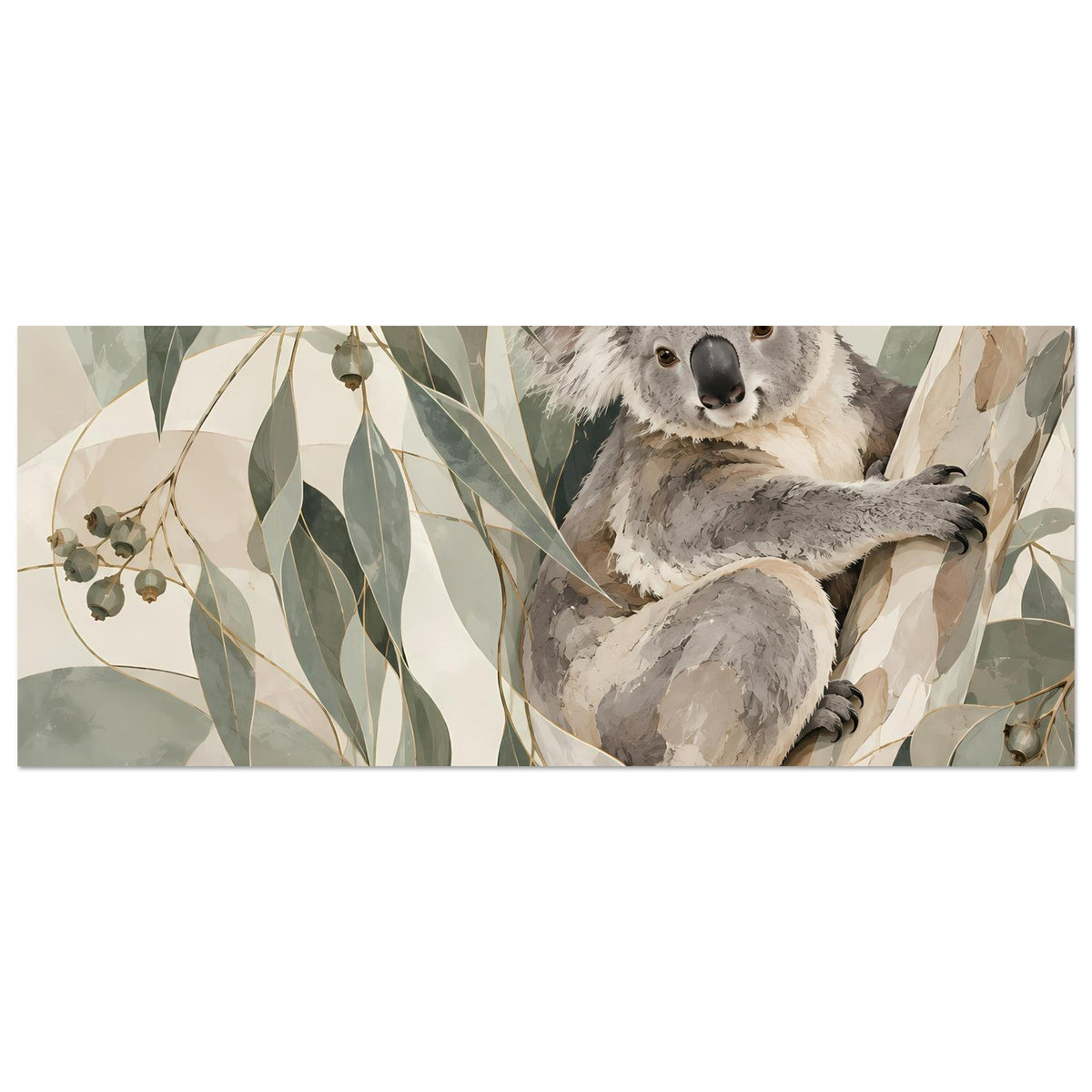 Breites Poster mit Koala im Blattwerk, gerahmte Illustration, Panorama