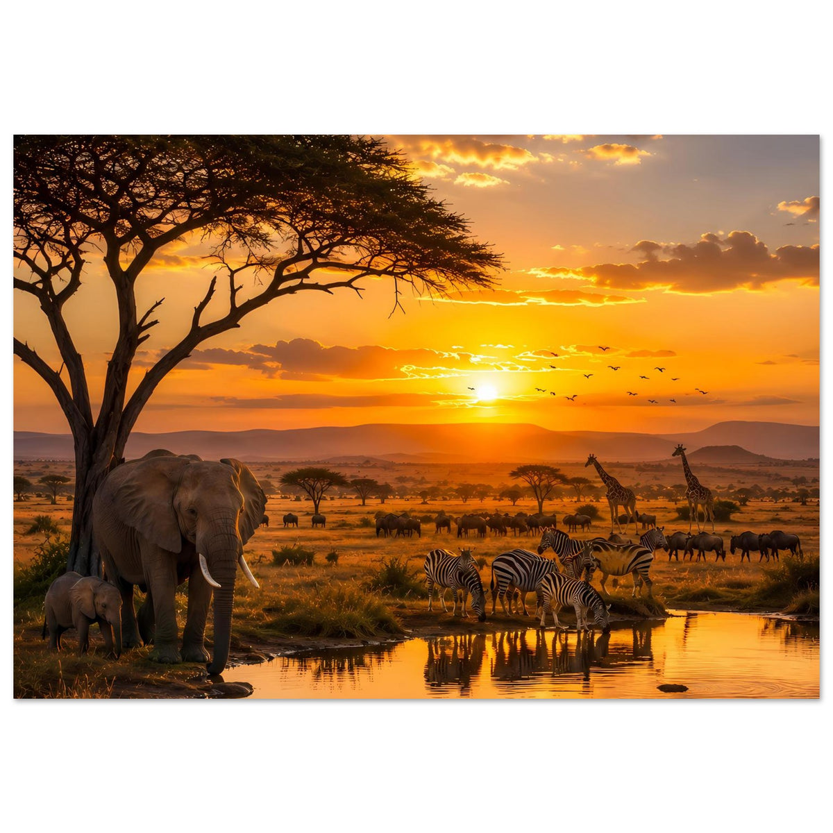 Savannen-Poster mit Elefanten, Zebras und Giraffen am Wasserloch vor dem Himmelssonnenuntergang