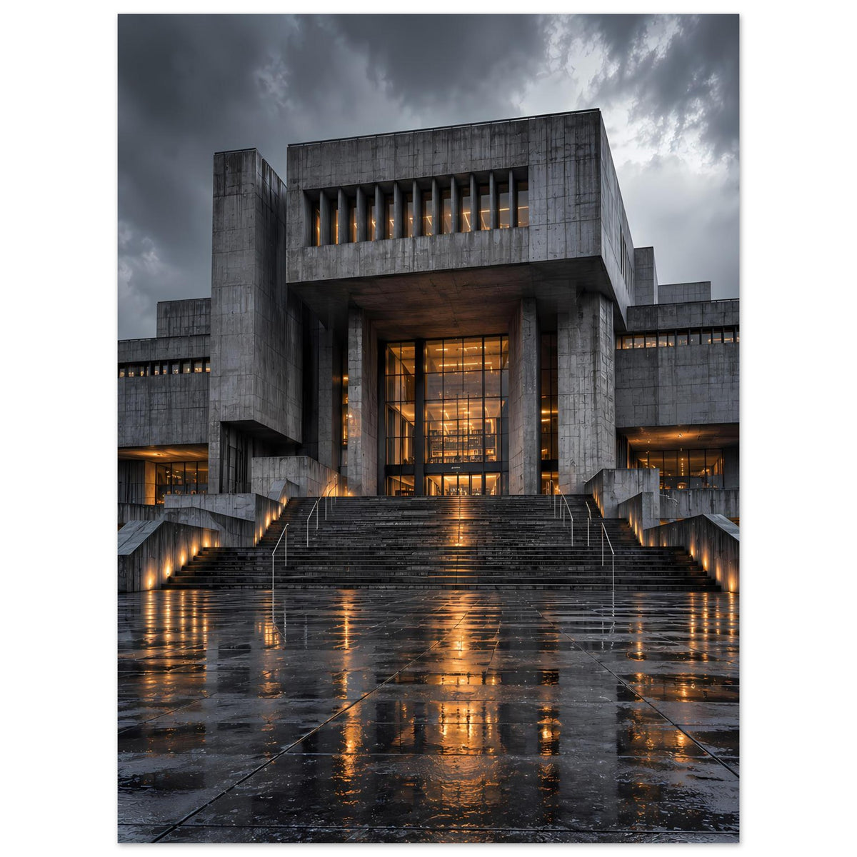 Poster mit Betonarchitektur und warm beleuchtetem Eingang, nasse Treppenanlage