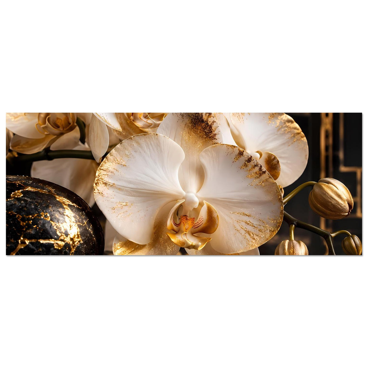 Poster: weiße Orchideen mit goldenen Akzenten, horizontal