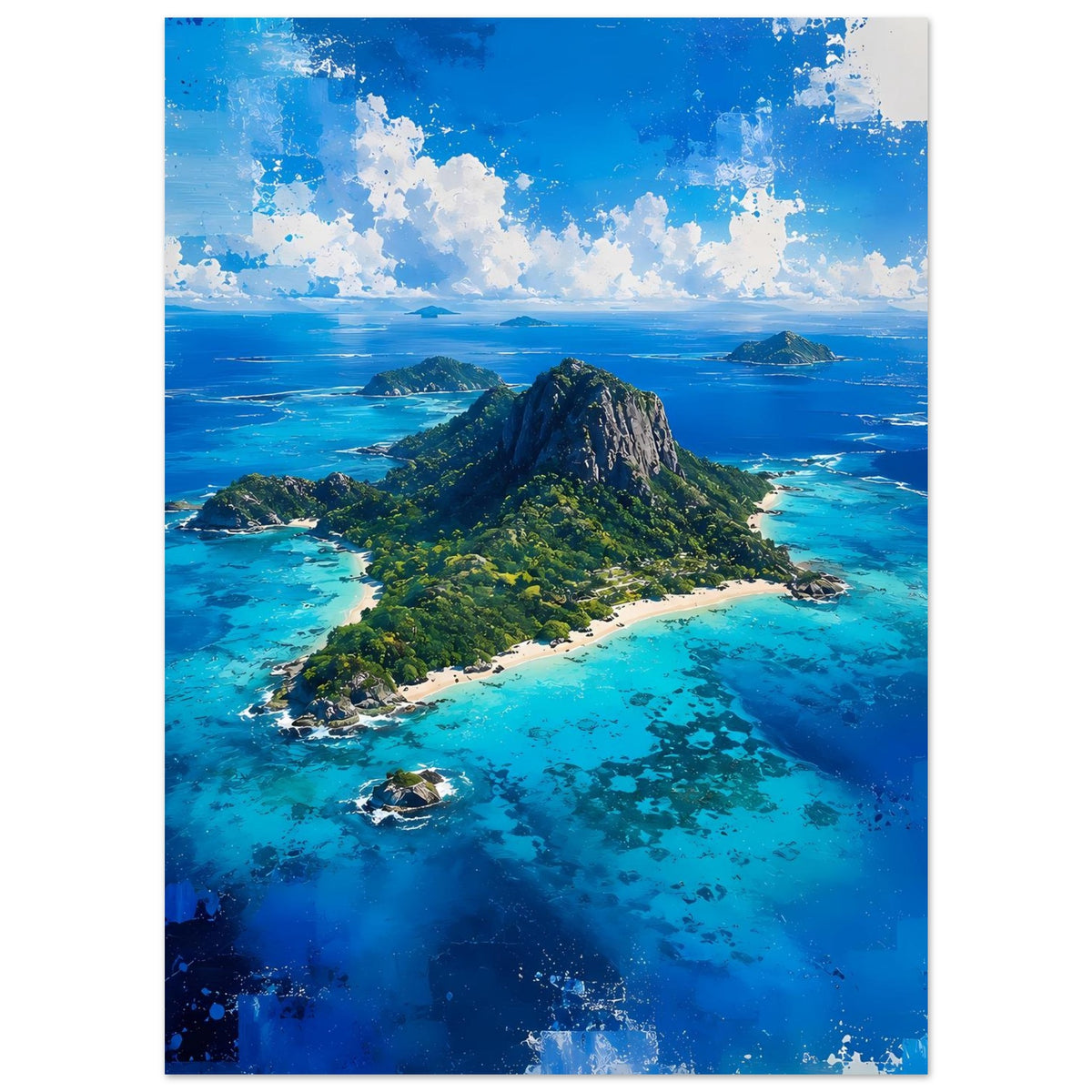 Poster hochformatig: Inselberg mit bewachsener Spitze über türkisblauem Meer.