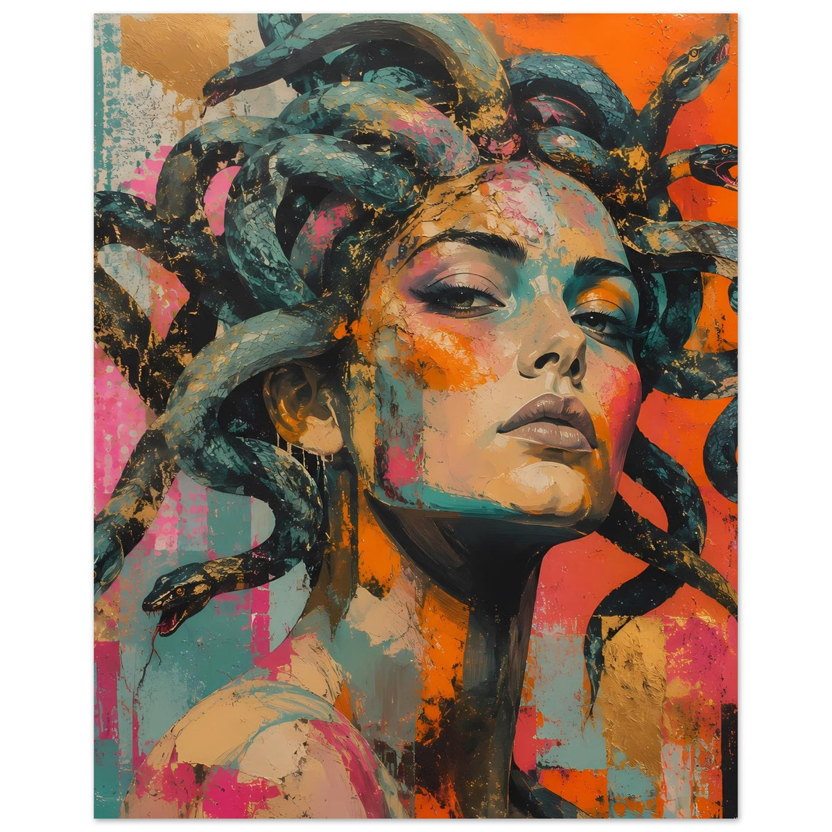 Kunstdruck-Poster mit Medusa-Kopf, Schlangen über Kopf und Schulter, kräftige Farbflecken
