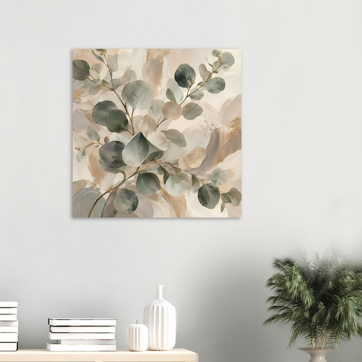 Wandposter mit botanischem Aquarell: runde Eukalyptusblätter in Salbeigrün und Beige
