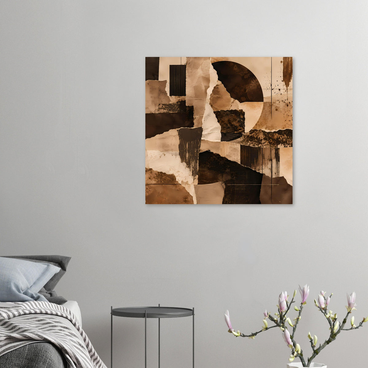 Quadratisches abstraktes Kunstposter mit Kreisform und warmen Braun-Beige-Schwarz-Tönen