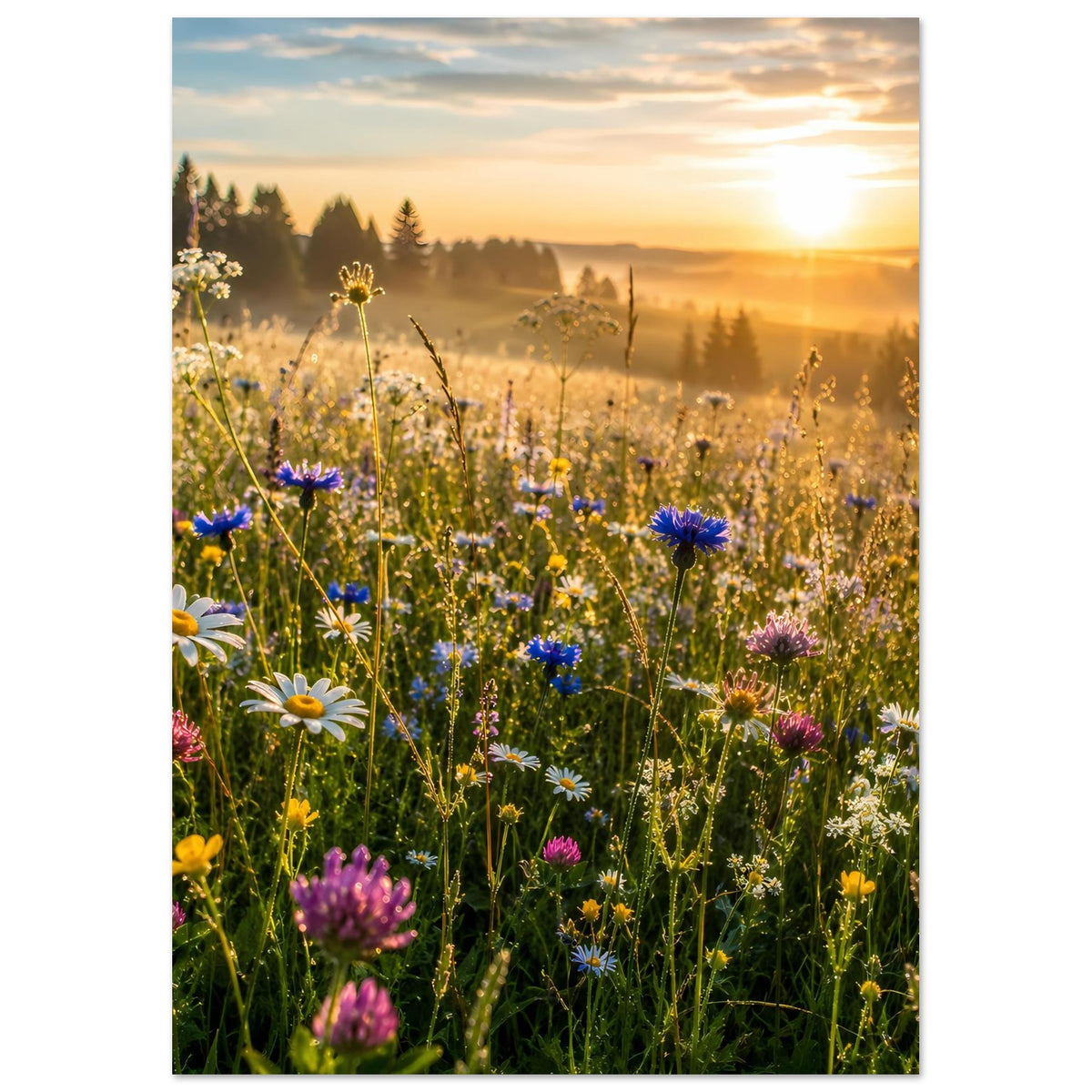 Poster mit Wildblumenwiese: violette und blaue Blüten im goldenen Abendlicht