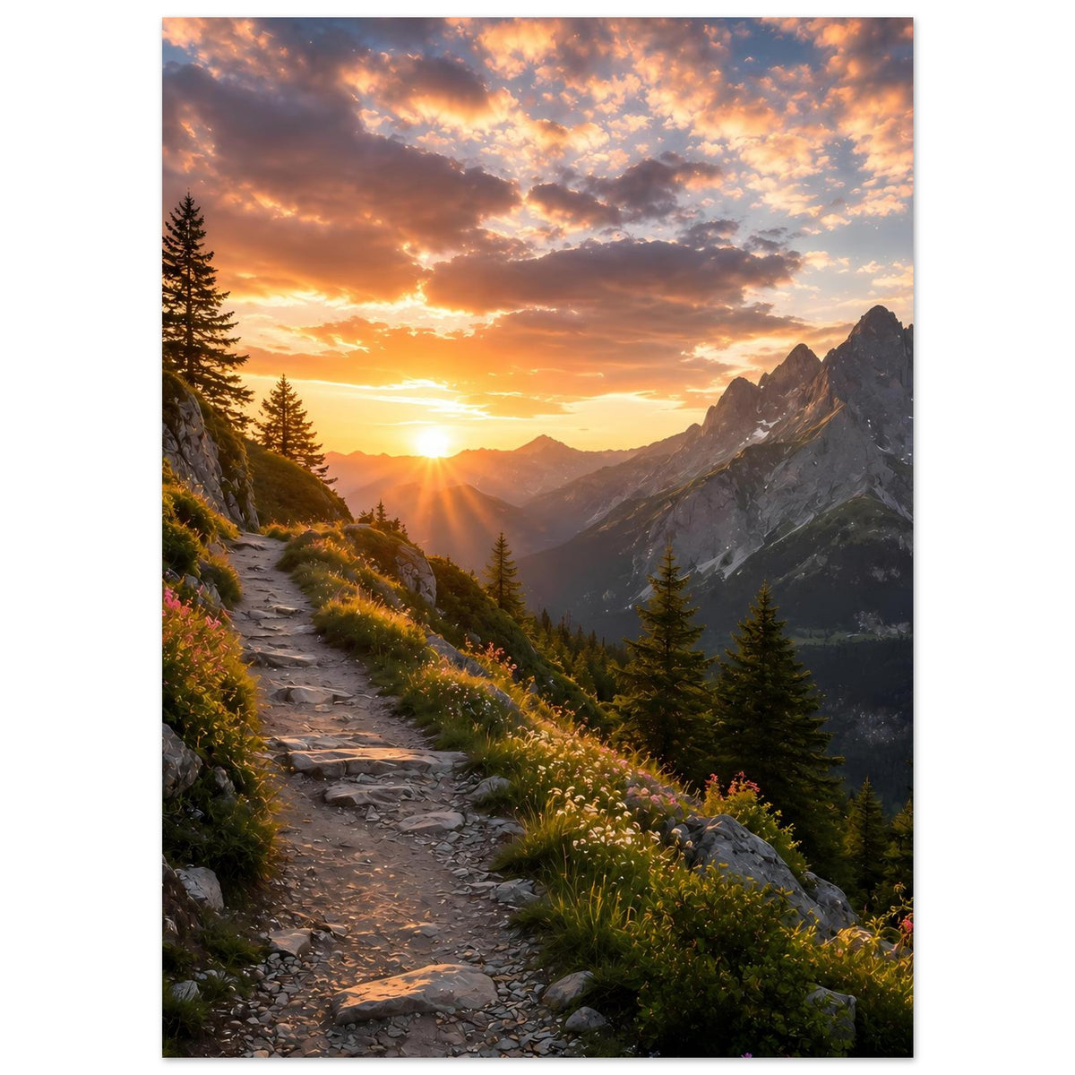 Hochformatiges Poster mit Sonnenaufgang in den Bergen, Feldweg, Tannen und Felsen