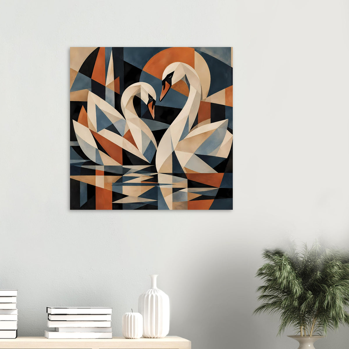 Schwanen-Poster als quadratisches Motiv: abstrahierte Ringe, Dreiecke und erdige Farbfelder
