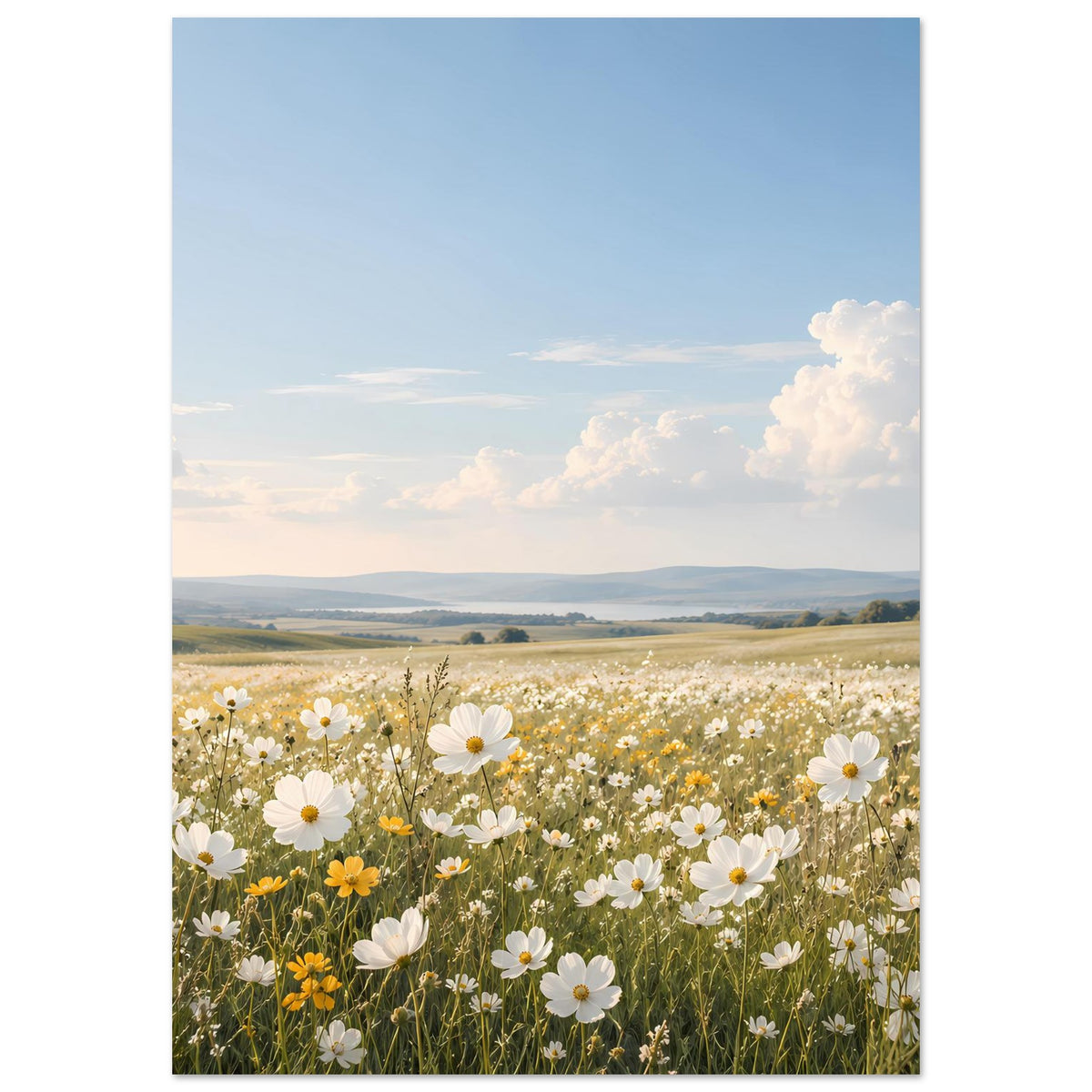 Vertikales Poster mit Wildblumenwiese: weiße Blüten und gelbe Punkte im blauen Rand