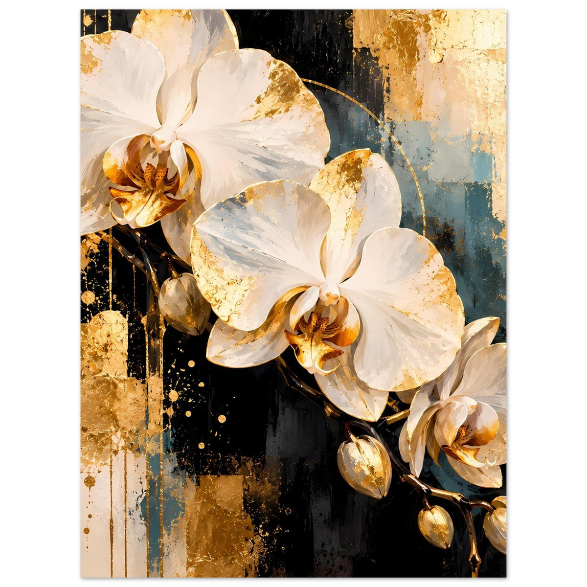 Poster mit weißen Orchideenblüten und goldenen Akzenten, mehrere Blüten im Fokus
