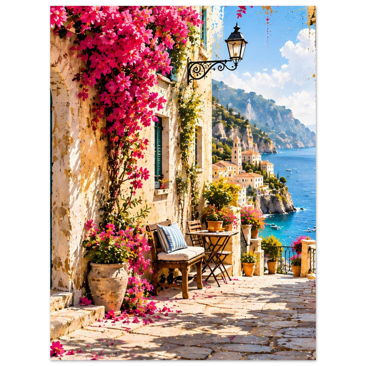 Postermotiv mit mediterraner Gasse, pinken Blüten, blauer Tür, Meerblick und Bank
