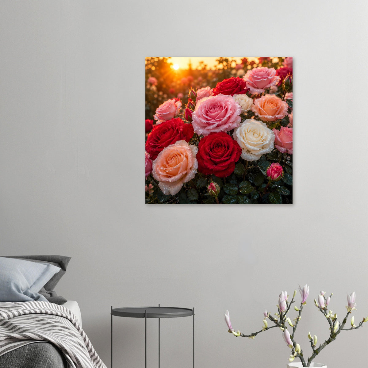 Quadratisches Rosenposter mit mehreren Blüten in Rosa, Rot, Orange und Weiß