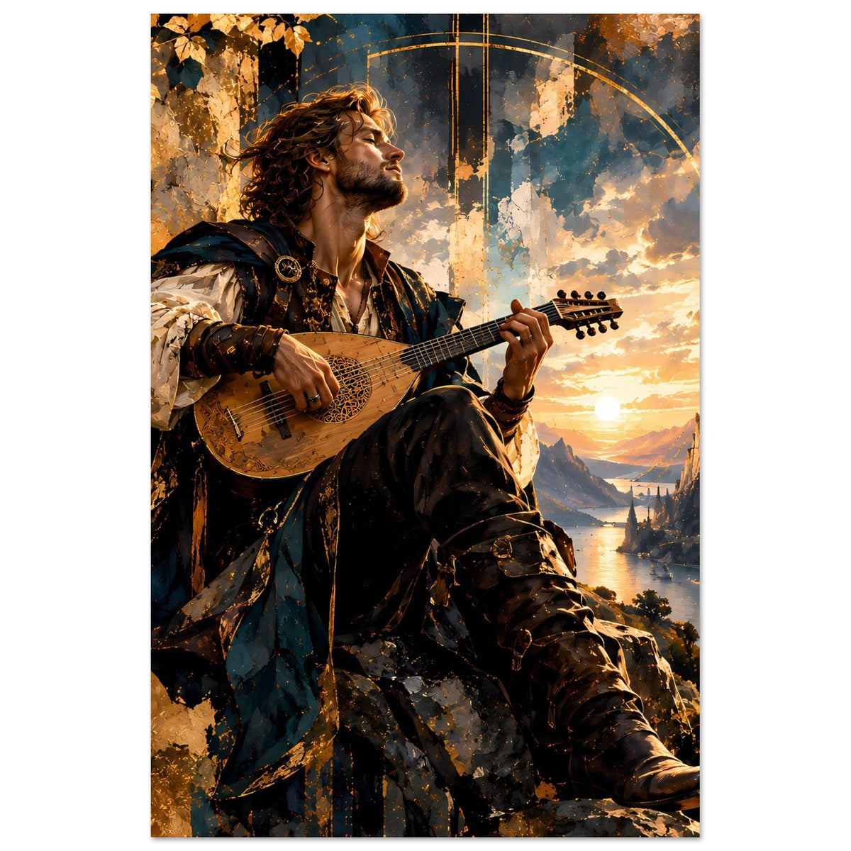 Fantasy-Barden-Poster: Barde spielt Laute, Fokus auf Oberkörper und Instrument