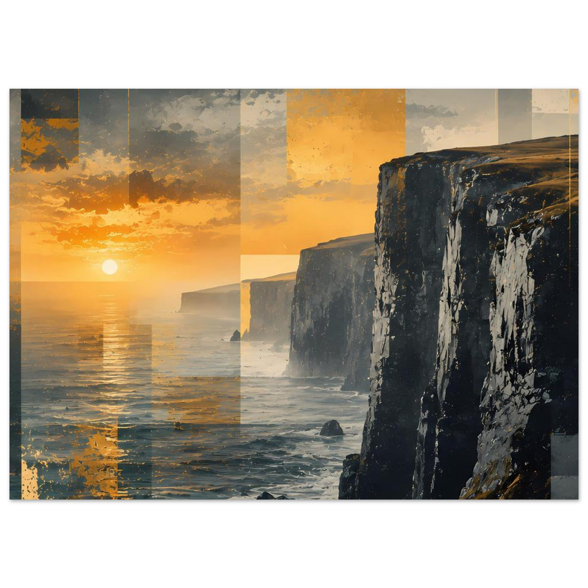 Küstenposter im Querformat mit Sonnenuntergang am Meer und Felsklippen rechts