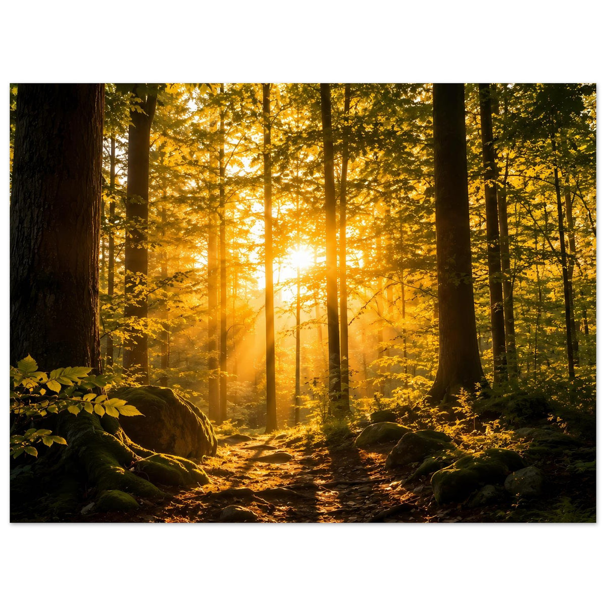 Wandposter mit Waldweg, warmen Lichtstrahlen und moosigen Steinen am Wegesrand