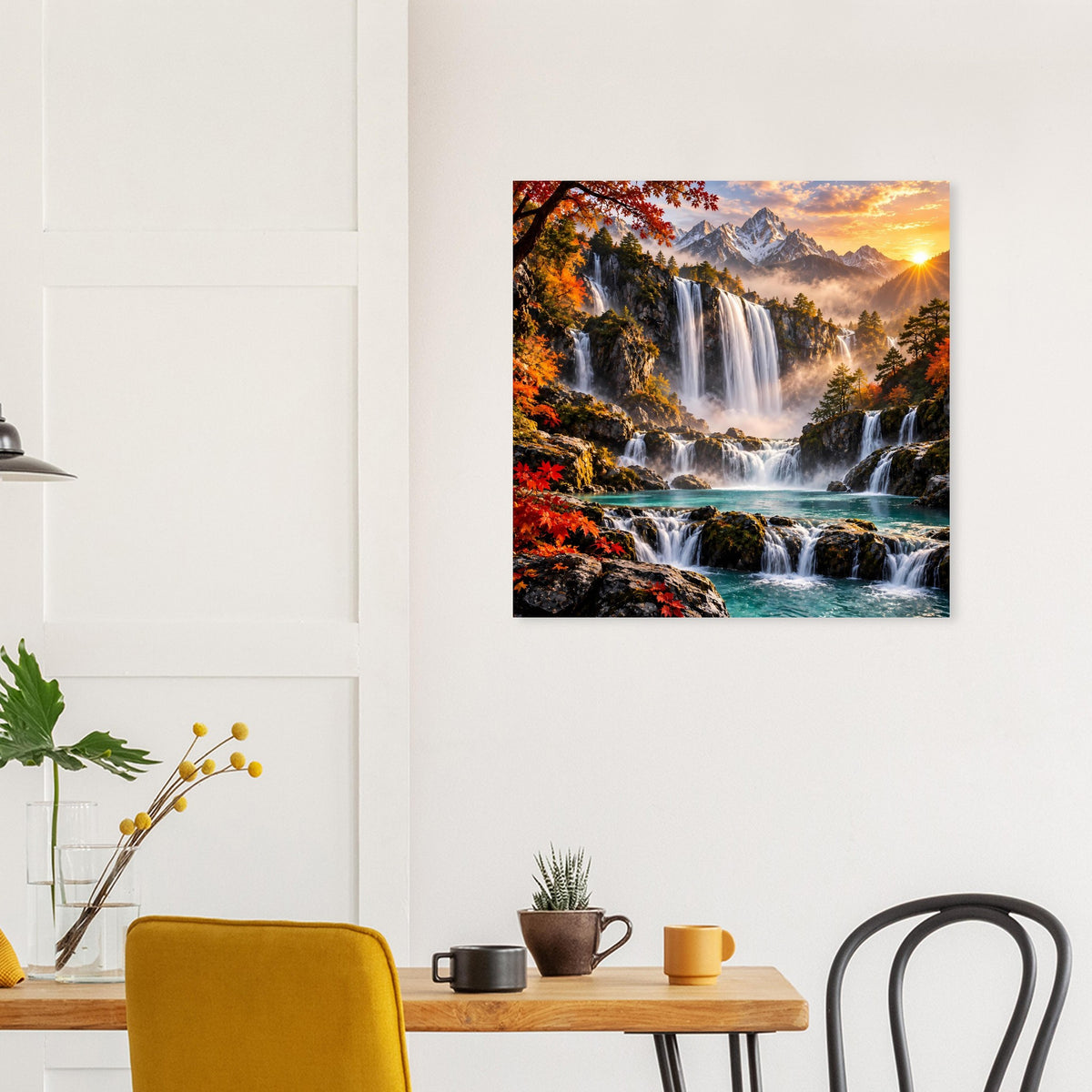 Quadratisches Poster mit Wasserfällen in den Bergen, Herbstlaub und Abendsonne