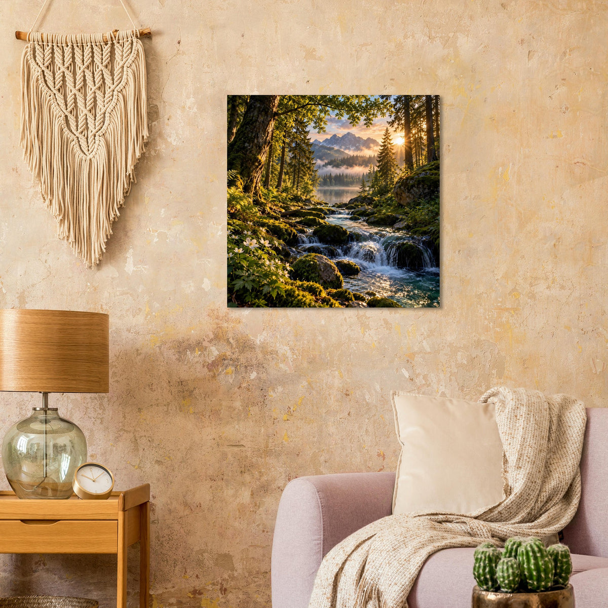 Wasserfall-Poster mit Bachlauf im Wald, quadratisch, auf mattem Premiumpapier