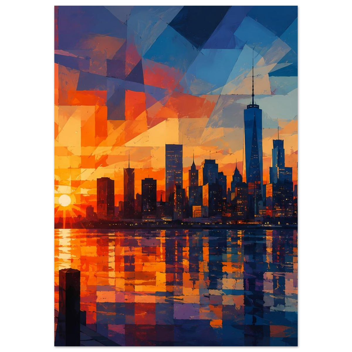 Wandposter im Hochformat: abstrakte Stadt bei Abendsonne, warmes Orange und kühles Blau