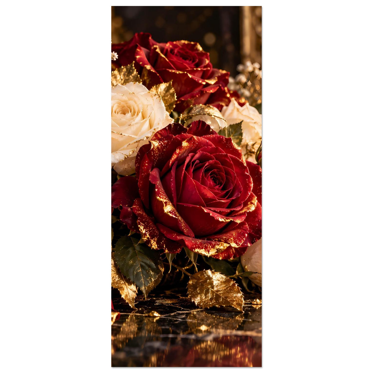 Rosenstrauß-Poster (hochformat): zentrale bordeauxrote Rose mit cremeweißen Akzenten und Golddeko