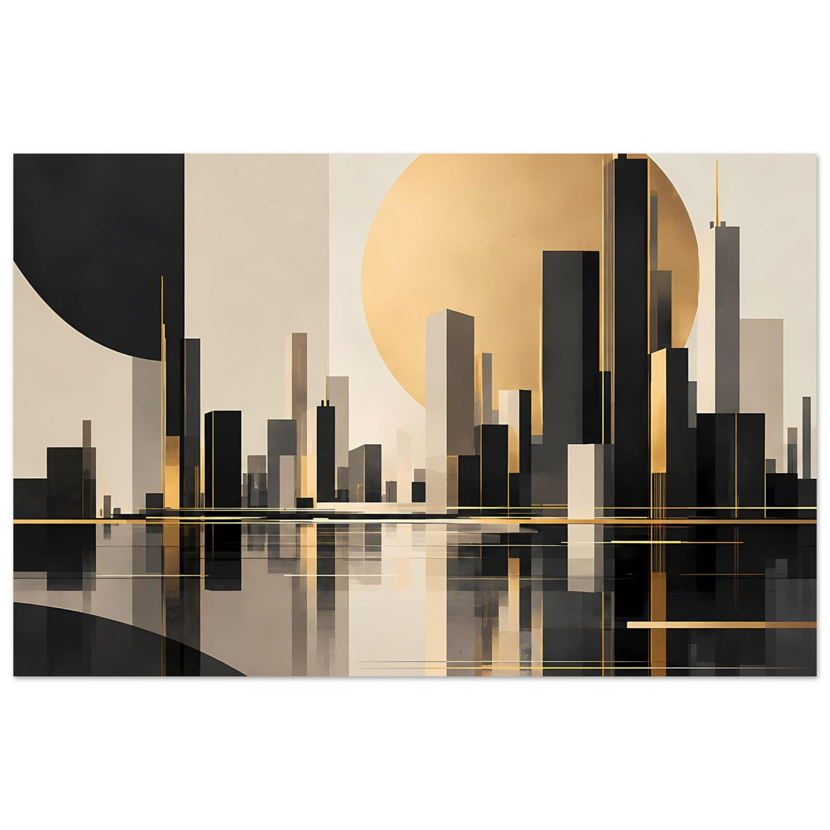Abstraktes Stadtlandschafts-Poster im Querformat mit Skyline, goldenen Akzenten und Reflexion