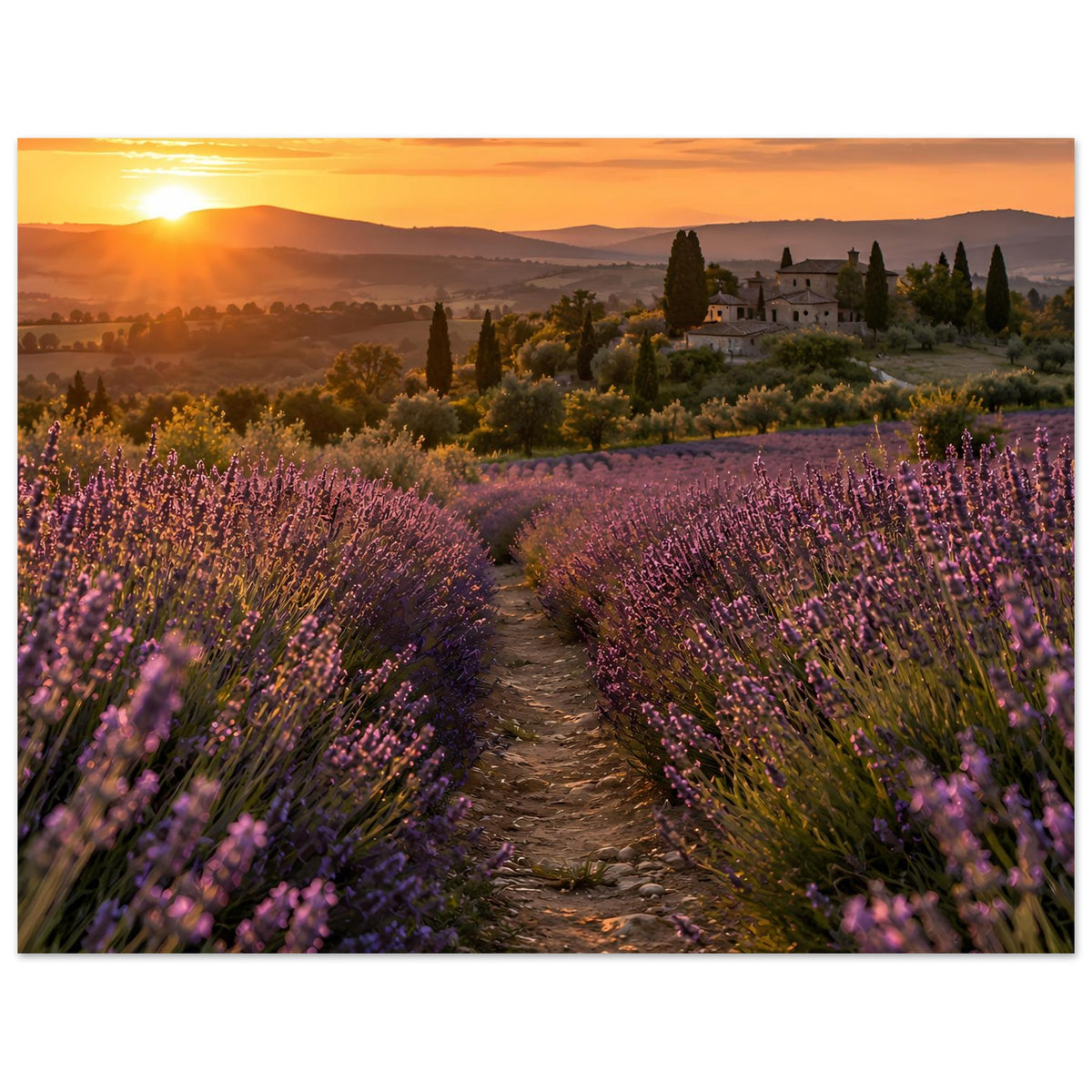 Landschaftsposter horizontal: Lavendelreihen mit Weg, Schloss und orangefarbener Himmel