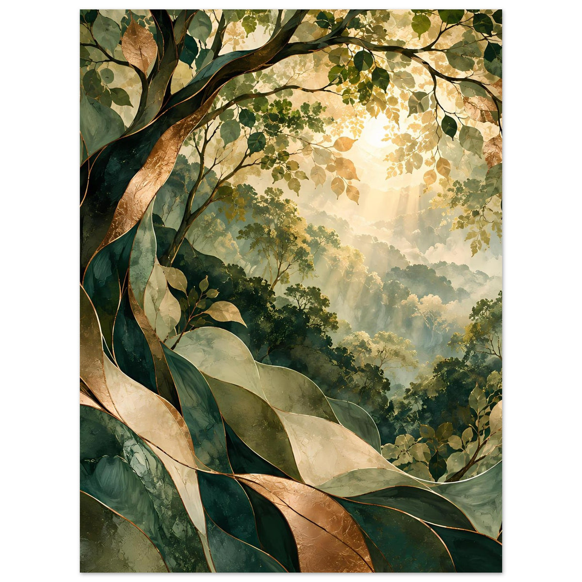 Naturposter mit Blättern im Vordergrund und hellem Sonnenfleck, Grün- und Goldtöne