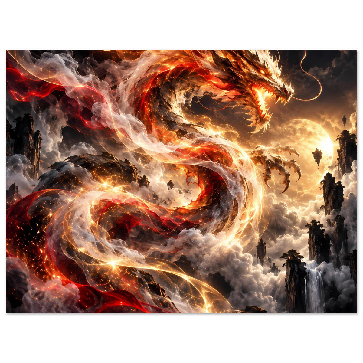 Breitformat-Fantasy-Poster: flammender Drachen in Rot und Gold zwischen Rauchwolken
