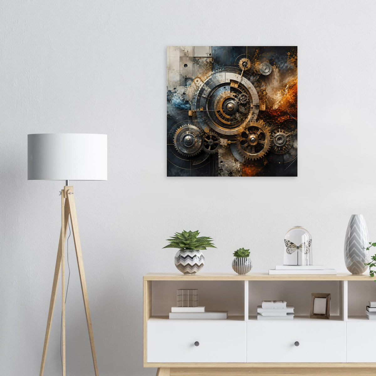 Steampunk-Poster mit kreisförmigem Zahnrad-Mechanismus in warmen Metall- und Blautönen