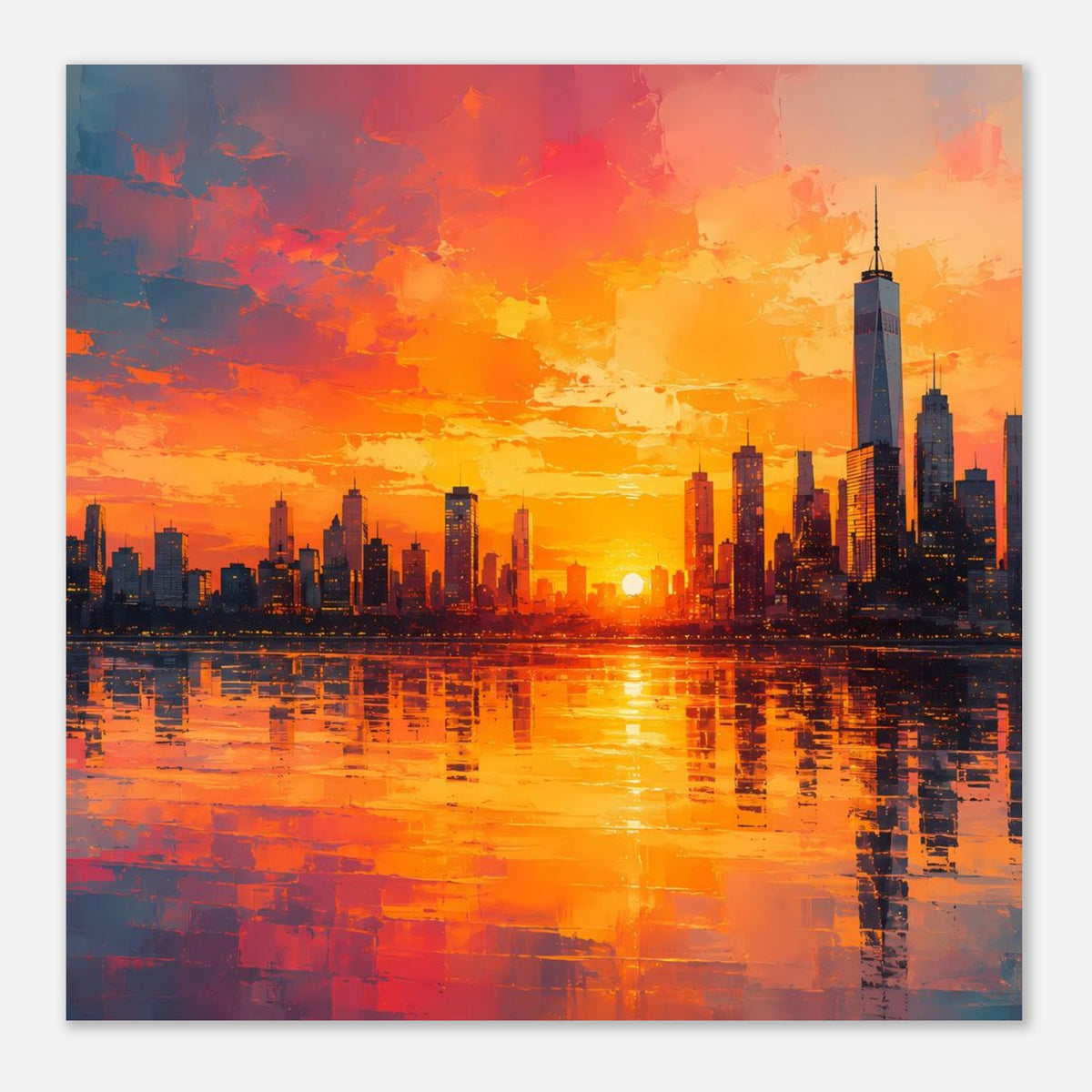 Nahansicht-Poster einer leuchtenden Skyline im orangefarbenen Sonnenuntergang mit Spiegelung