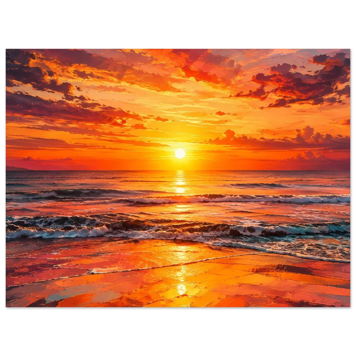 Horizontales Poster mit Sonnenaufgang, Wellen und spiegelndem Strand