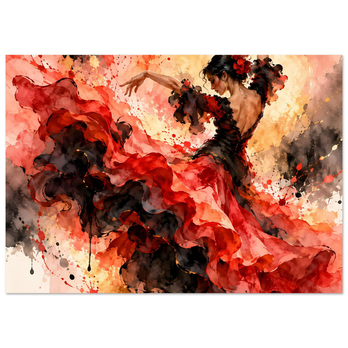 Tanzposter mit Flamenco-Tänzerin in rotem und schwarzem Kleid, ausgestelltem Rock