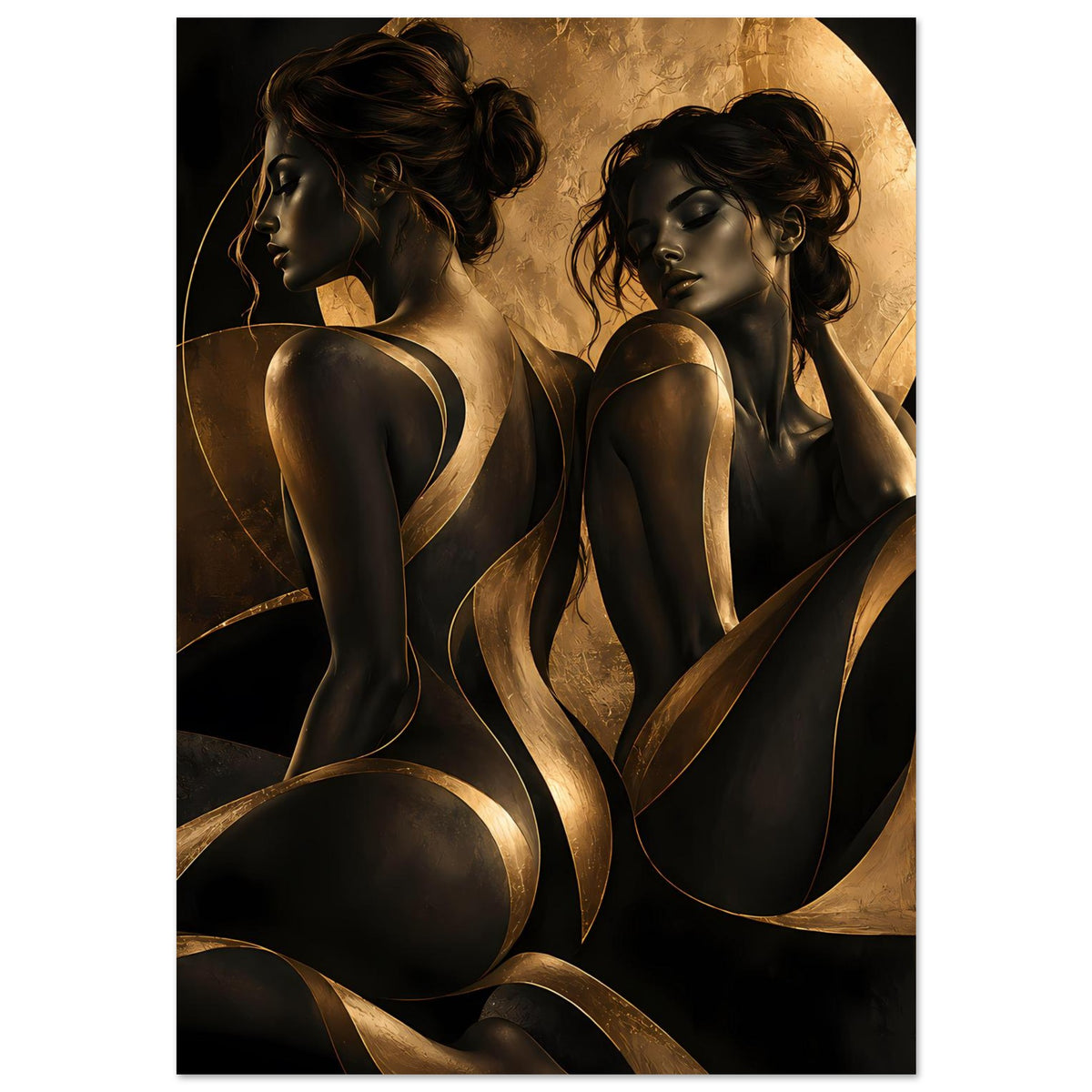 Kunstposter im Hochformat mit zwei Frauenakt-Silhouetten, geschwungene goldene Konturen