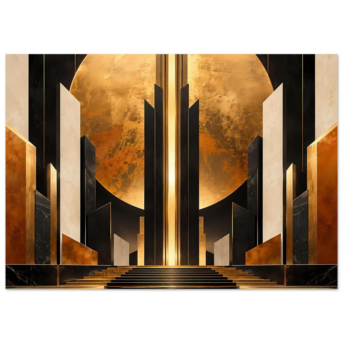 Art-deco Poster mit goldenen Säulen und schwarzem Kontrast, zentraler Lichtstrahl