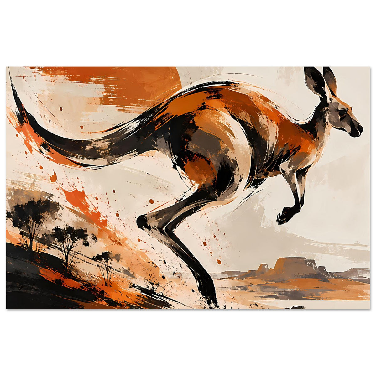 Känguru-Tierposter im Querformat mit orange-braunen Spritzern, schwarzer Kontur und Pinselzug