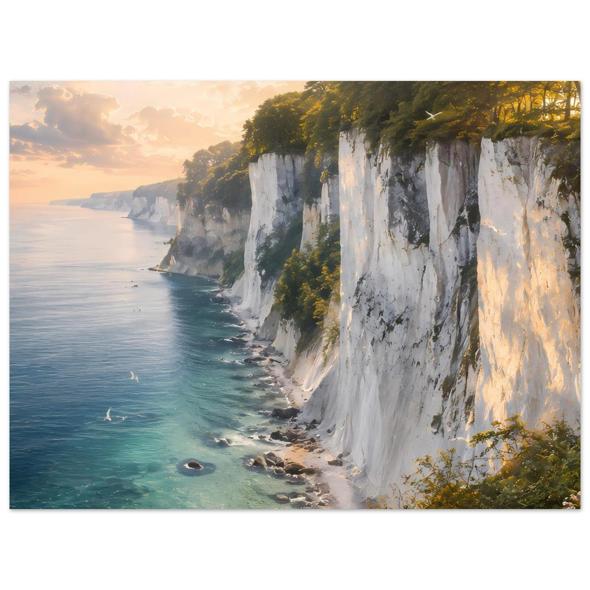 Horizontales Poster mit Steilküste aus weißen Felsen, türkis Meerlinie und goldenen Sonnenstrahlen.