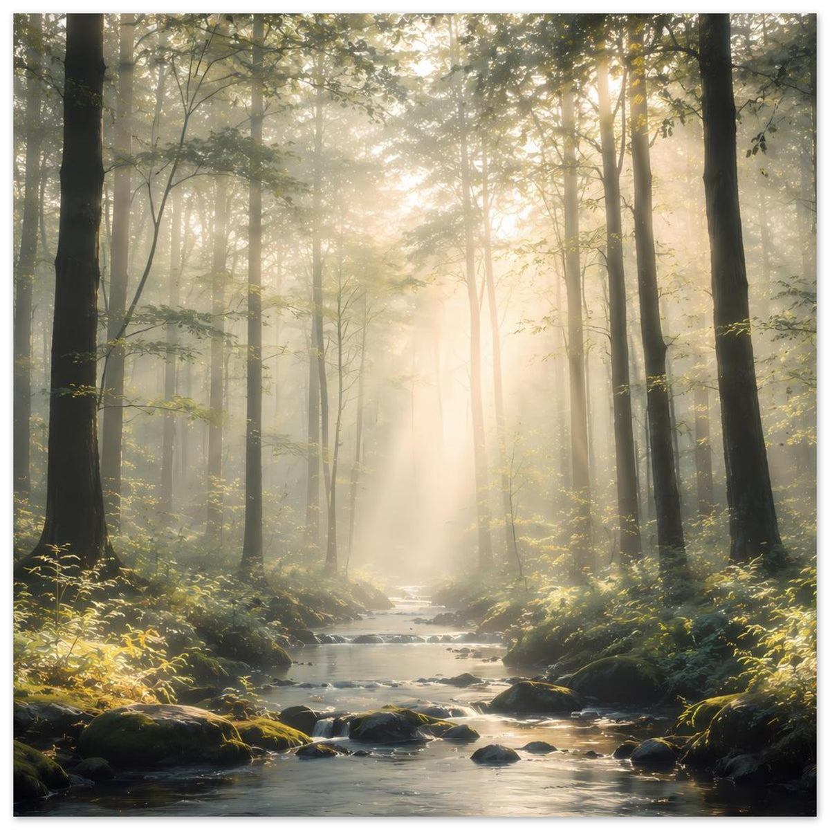 Naturposter mit Bach und dichtem Farnbewuchs, Sonnenstrahlen durch schlanke Bäume
