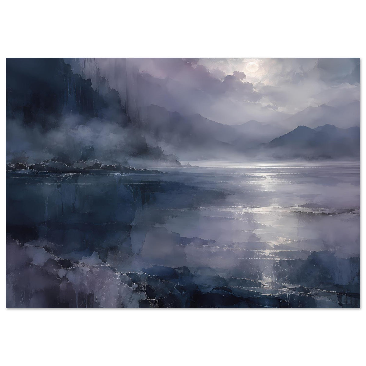 Querformat-Poster mit Küstenlinie, Nebel und wolkigem Himmel in Blau-Violett.