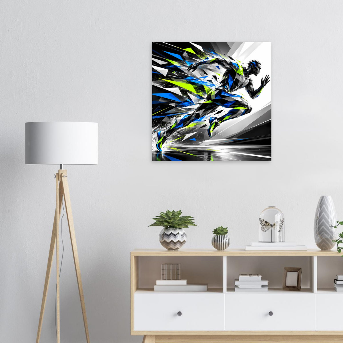Gerahmtes Laufkunst-Poster mit laufender Silhouette und Geschwindigkeitslinien in Blau und Neongrün.